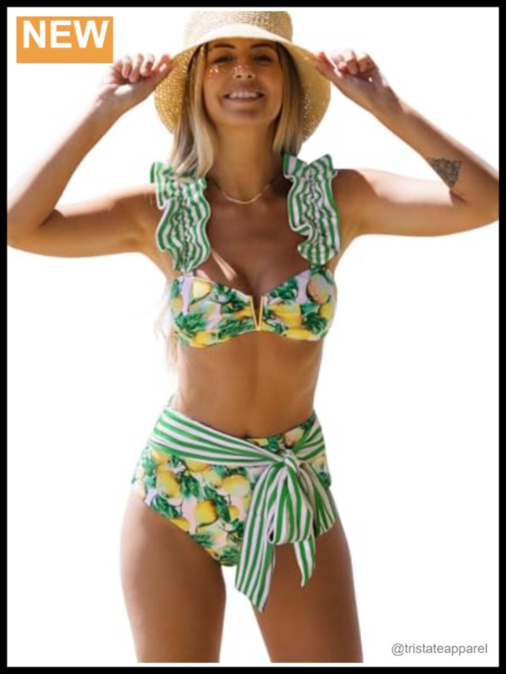 High Waisted Bikini Set Flounce Straps Tie Back Swimsuit